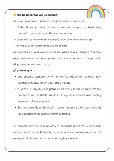 Una hoja de trabajo educativa en español sobre cómo se forman los arcoíris, con una ilustración de un arcoíris en la esquina superior derecha y un texto con datos divertidos y pasos para crear un arcoíris.
