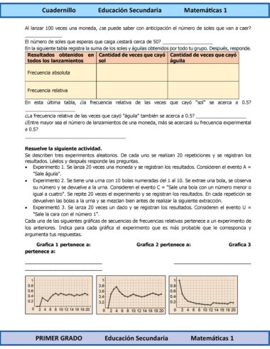 Una hoja de trabajo con una tabla para registrar los resultados de los lanzamientos de monedas -columnas para el total de lanzamientos, las veces que sale "cara" o "cruz" y sus frecuencias- seguida de preguntas sobre probabilidad y un gráfico de barras que muestra los resultados experimentales.