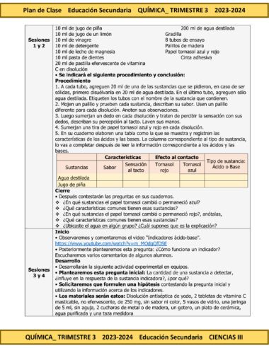 Un documento con borde amarillo titulado "TERCER TRIMESTRE Programa Analítico CIENCIAS III QUÍMICA Secundaria 3º (Ciclo Escolar 2023 – 2024)". Detalla cinco sesiones sobre solubilidad, enumerando los materiales requeridos, los procedimientos y las conclusiones. Hay una tabla que muestra datos de solubilidad de varias sustancias.