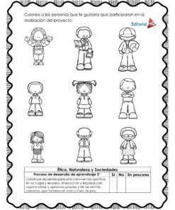 El Cuadernillo de Trabajo Mezclando Colores presenta una hoja de trabajo en blanco y negro con ocho niños de dibujos animados e instrucciones para colorear los elegidos para un proyecto. Incluye una tabla y un texto sobre la convivencia ética en la parte inferior.