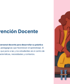 Una profesora ayuda a tres niños con un experimento científico en una mesa. Sobre la mesa y en la pared hay matraces de química. El texto de la izquierda describe el 