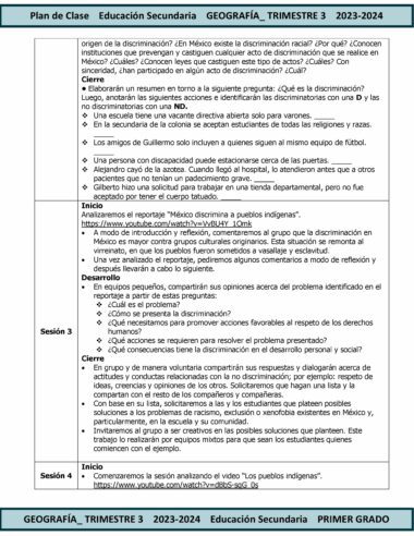 A TERCER TRIMESTRE Programa Analítico GEOGRAFÍA Secundaria 1º (Ciclo Escolar 2023 – 2024) for secundaria in geografía for the ciclo escolar 2023 – 2024. El documento describe tres sesiones centradas en cuestiones sociales, incluida la discriminación y el secularismo, con objetivos, procedimientos y resultados esperados. para cada sesión.