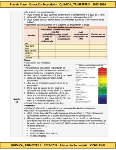 Un plan de lección para una clase de química de secundaria en español, que incluye encabezados y varias secciones sobre mezclas contaminadas para Secundaria 3º. Las secciones cubren propiedades físicas, visibilidad de contaminantes, ejemplos de sustancias contaminadas y pasos para realizar una actividad estudiantil dentro del TERCER TRIMESTRE Programa Analítico CIENCIAS III QUÍMICA Secundaria 3º (Ciclo Escolar 2023 – 2024).
