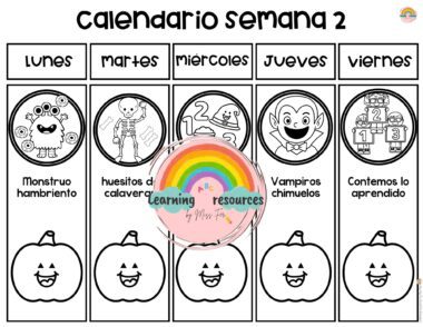 Calendario semanal en blanco y negro titulado "Calendario semana 2" con columnas de lunes a viernes en las que aparecen iconos y actividades con temática de Halloween, como monstruos, esqueletos y vampiros. En la parte inferior de cada columna aparecen calabazas.
