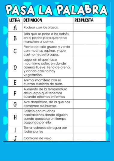 Una tabla de juegos de palabras en español con fondo azul. Tres columnas: "Letra", "Definición" y "Respuesta". Las filas de la A a la J enumeran las definiciones de las palabras que empiezan por cada letra; las respuestas se dejan en blanco.