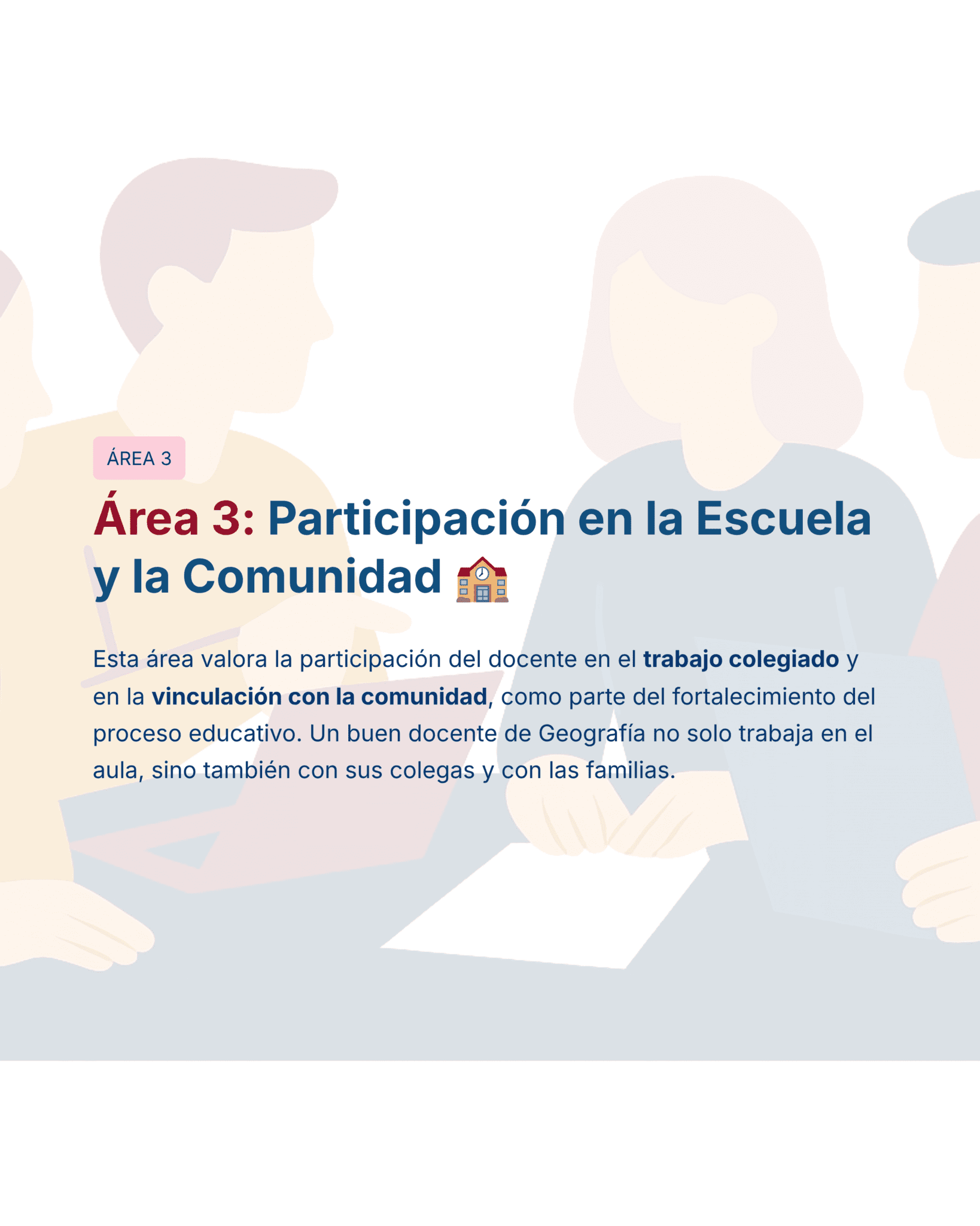 Guía de Estudio HORAS ADICIONALES GEOGRAFÍA Educación Secundaria- USICAMM 2026 - 2027 + (Simulador 90 Reactivos) 2 Ilustración de tres personas sentadas a una mesa con papeles, discutiendo. Texto superpuesto: "Área 3: Participación en la Escuela y la Comunidad" con una descripción sobre el papel de un profesor en la participación en la escuela y la comunidad.