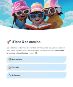 Tres niños sonrientes con sombreros de colores y gafas de sol se sientan juntos a leer un libro al aire libre bajo un cielo azul brillante. Debajo, el texto introduce una actividad de lectura en español sobre la naturaleza, la escuela y los animales.