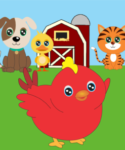 Ilustración de una alegre escena de granja con un pollo rojo, un perro marrón y blanco, un gato con rayas anaranjadas y un pollito amarillo, con un granero al fondo bajo un cielo azul claro. Esta imagen es perfecta para el 