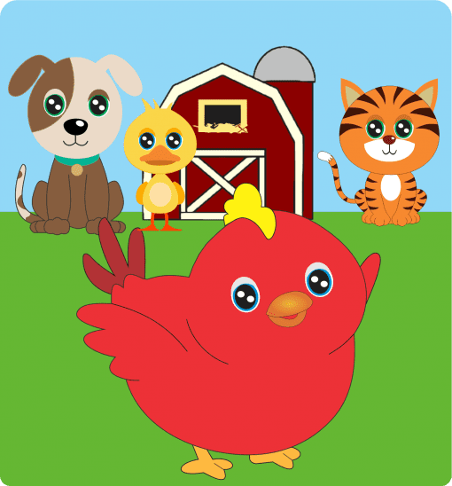 Ilustración de una alegre escena de granja con un pollo rojo, un perro marrón y blanco, un gato con rayas anaranjadas y un pollito amarillo, con un granero al fondo bajo un cielo azul claro. Esta imagen es perfecta para el "Paquete Audio-Cuentos Infantiles 9.