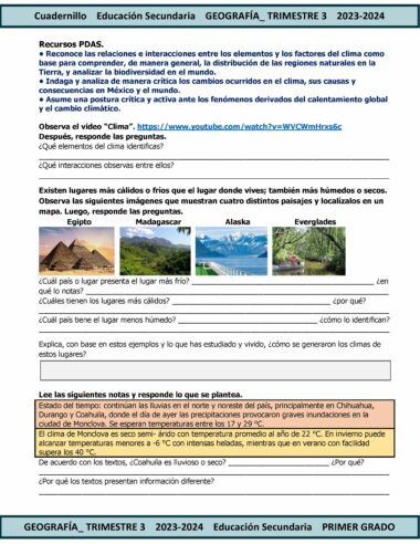 Una hoja de trabajo de geografía titulada "TERCER TRIMESTRE Programa Analítico GEOGRAFÍA Secundaria 1º (Ciclo Escolar 2023 – 2024)." Incluye secciones sobre cambio climático, un enlace a un vídeo de YouTube, preguntas sobre el vídeo y una tabla para analizar el clima y la biodiversidad. El texto se alinea con el Programa Analítico para el Ciclo Escolar 2023 – 2024.
