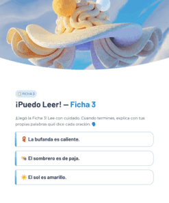 Una figura caprichosa con cara de sol, con sombrero de paja y pañuelo, aparece sobre un cielo azul. Debajo, un texto en español ofrece frases cortas sobre una bufanda, un sombrero de paja y el sol, con iconos relacionados.
