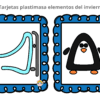 Llegó el frío...¿Y ahora qué hacemos? 19 Dos tarjetas ilustradas con bordes azules. La tarjeta de la izquierda muestra un par de trineos azul claro. La tarjeta de la derecha muestra un simpático pingüino blanco y negro con patas y pico naranjas. El texto de arriba dice
