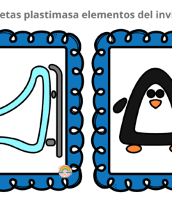 Dos tarjetas ilustradas con bordes azules. La tarjeta de la izquierda muestra un par de trineos azul claro. La tarjeta de la derecha muestra un simpático pingüino blanco y negro con patas y pico naranjas. El texto de arriba dice 
