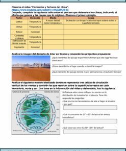 Una guía de estudio para TERCER TRIMESTRE Programa Analítico GEOGRAFÍA Secundaria 1º (Ciclo Escolar 2023 – 2024) que trata temas de geografía para la educación secundaria según el Programa Analítico del Ciclo Escolar 2023 – 2024. Incluye una tabla que explica los factores climáticos, como latitud y altitud, y preguntas sobre el Desierto de Altar en Sonora, con un enlace a un video de YouTube en la parte superior.