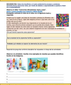Hoja de trabajo académico en español de color amarillo y naranja para TERCER TRIMESTRE Programa Analítico CIENCIAS III QUÍMICA Secundaria 3º (Ciclo Escolar 2023 – 2024) con actividades de química para el ciclo escolar 2023-2024. Incluye un enlace de YouTube, preguntas reflexivas sobre un escenario determinado y espacios de respuesta. El título destaca los recursos, QUÍMICA y la sostenibilidad ambiental.