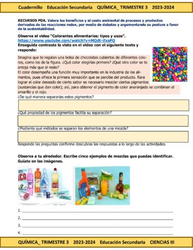 Hoja de trabajo académico en español de color amarillo y naranja para TERCER TRIMESTRE Programa Analítico CIENCIAS III QUÍMICA Secundaria 3º (Ciclo Escolar 2023 – 2024) con actividades de química para el ciclo escolar 2023-2024. Incluye un enlace de YouTube, preguntas reflexivas sobre un escenario determinado y espacios de respuesta. El título destaca los recursos, QUÍMICA y la sostenibilidad ambiental.