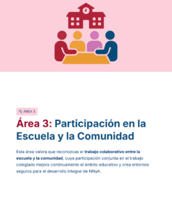 Guía de Estudio Admisión GEOGRAFÍA Educación Secundaria- USICAMM 2026 - 2027 + (Simulador 90 Reactivos) 31 Ilustración de tres personas sentadas a una mesa con el icono de un edificio escolar sobre ellas. El texto habla del Área 3: Participación en la escuela y la comunidad, destacando el trabajo colaborativo en la educación.