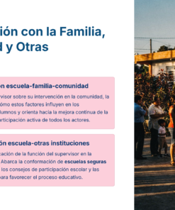 Guía de Estudio PROMOCIÓN HORIZONTAL SUPERVISIÓN – USICAMM 2026 – 2027 + (Simulador 90 Reactivos) 27 Un grupo de niños y adultos se reúnen frente a un edificio escolar al atardecer. Junto a la foto, un texto describe la importancia de las relaciones escuela-familia-comunidad y escuela-otras instituciones en la educación.