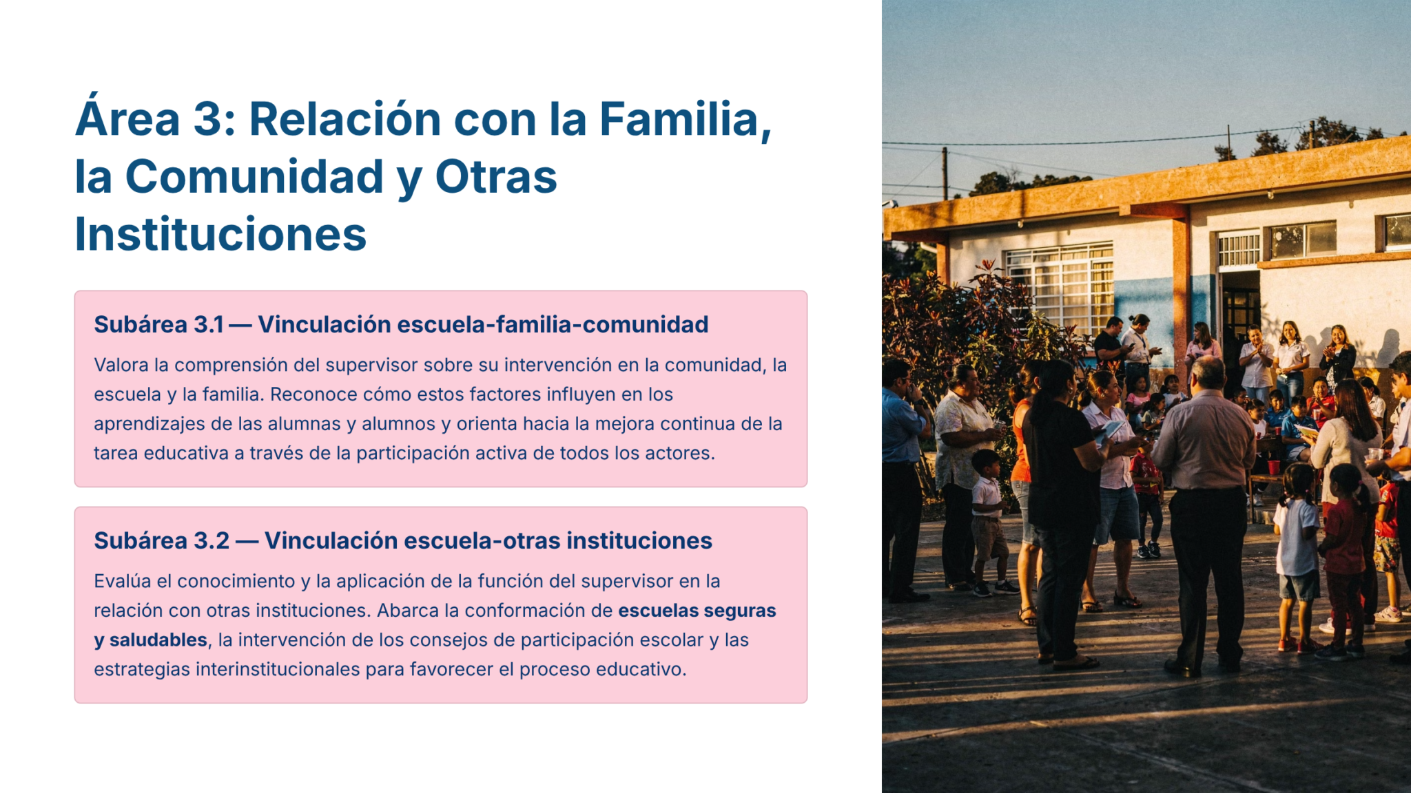 Guía de Estudio PROMOCIÓN HORIZONTAL SUPERVISIÓN – USICAMM 2026 – 2027 + (Simulador 90 Reactivos) 7 Un grupo de niños y adultos se reúnen frente a un edificio escolar al atardecer. Junto a la foto, un texto describe la importancia de las relaciones escuela-familia-comunidad y escuela-otras instituciones en la educación.