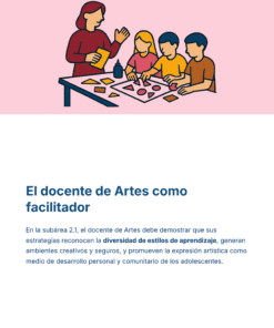 Ilustración de un profesor guiando a tres alumnos en una mesa con papel de colores y materiales artísticos, encima de un texto en español sobre profesores de arte que facilitan diversos estilos de aprendizaje y entornos creativos.