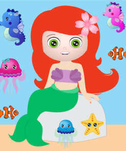 Ilustración de una sirena pelirroja con cola verde sentada sobre una roca, rodeada de coloridas criaturas marinas, incluidos un caballito de mar, peces, medusas y estrellas de mar del Paquete Audio-Cuentos Infantiles 9, sobre un fondo azul oceánico.