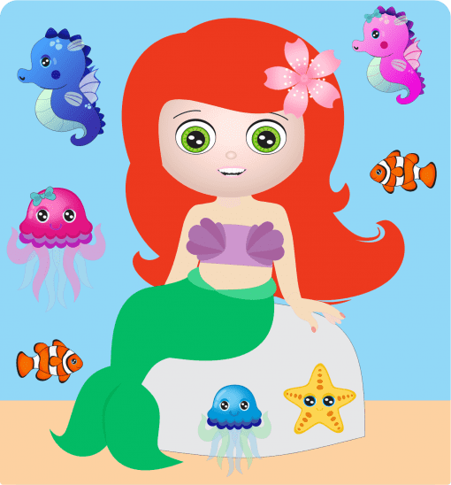 Ilustración de una sirena pelirroja con cola verde sentada sobre una roca, rodeada de coloridas criaturas marinas, incluidos un caballito de mar, peces, medusas y estrellas de mar del Paquete Audio-Cuentos Infantiles 9, sobre un fondo azul oceánico.