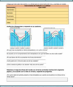 Una hoja de trabajo educativa en español para TERCER TRIMESTRE Programa Analítico GEOGRAFÍA Secundaria 1º (Ciclo Escolar 2023 – 2024). Incluye una tabla con instrumentos meteorológicos (anemómetro, barómetro, pluviómetro, termómetro, veleta), cartas de climogramas de México y España y varias preguntas de comprensión.