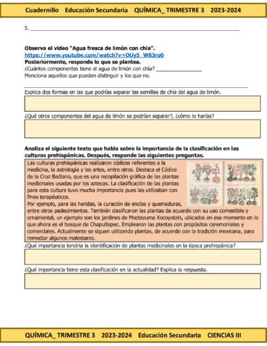 Hoja de trabajo para TERCER TRIMESTRE Programa Analítico CIENCIAS III QUÍMICA Secundaria 3º (Ciclo Escolar 2023 – 2024) durante el Ciclo Escolar 2023 – 2024, con preguntas sobre un video educativo sobre cómo separar las semillas de chía del agua de limón. Incluye secciones para resumir puntos clave, métodos de separación y la importancia de la clasificación en las culturas prehispánicas.