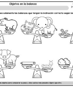 Hoja de trabajo en blanco y negro que muestra seis balancines con diferentes objetos y animales en cada lado, como un oso frente a un gato, un elefante frente a una pelota, un libro frente a un lápiz, etc., para una actividad científica sobre el peso.