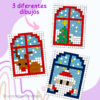 Colorea por pixeles con los elementos químicos 4 Tres imágenes de ventanas en pixel art, cada una con diseños diferentes: una flor, una escena diurna con nubes y una cara sonriente. El texto