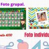 Un anuncio ilustrado de servicios de fotografía escolar, que presenta las opciones fotográficas de School Memories con niños de dibujos animados, detalles de precios y elementos decorativos relacionados con la escuela.