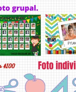 Un anuncio ilustrado de servicios de fotografía escolar, que presenta las opciones fotográficas de School Memories con niños de dibujos animados, detalles de precios y elementos decorativos relacionados con la escuela.