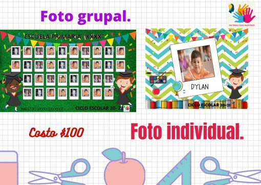 Un anuncio ilustrado de servicios de fotografía escolar, que presenta las opciones fotográficas de School Memories con niños de dibujos animados, detalles de precios y elementos decorativos relacionados con la escuela.
