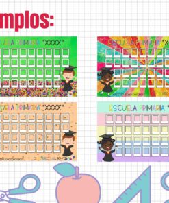 Gráfico colorido con temática escolar que muestra cuatro ejemplos de disposición de asientos para estudiantes en un salón de clases, cada uno con niños animados en escritorios de grupo, sobre un fondo de cuadrícula y útiles escolares. El texto está en español.
