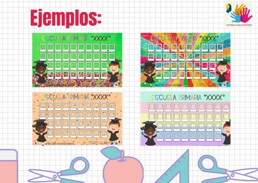 Gráfico colorido con temática escolar que muestra cuatro ejemplos de disposición de asientos para estudiantes en un salón de clases, cada uno con niños animados en escritorios de grupo, sobre un fondo de cuadrícula y útiles escolares. El texto está en español.