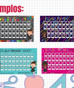 Ilustración de cuatro carteles educativos coloridos que muestran diferentes disposiciones de asientos en el aula, cada uno con un personaje de maestro de dibujos animados y varias configuraciones de escritorio. El texto incluye 