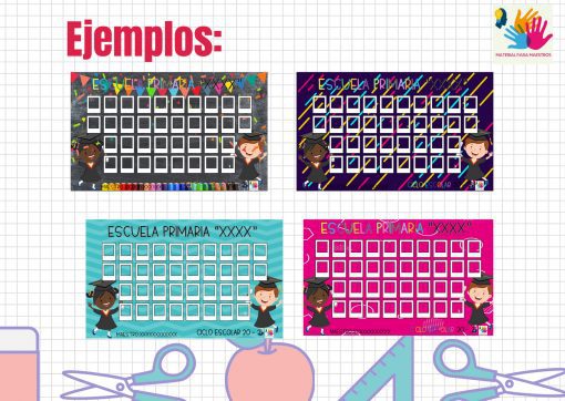 Ilustración de cuatro carteles educativos coloridos que muestran diferentes disposiciones de asientos en el aula, cada uno con un personaje de maestro de dibujos animados y varias configuraciones de escritorio. El texto incluye "Ejemplos", "Escuela Primaria" y "foto grupal e individual".