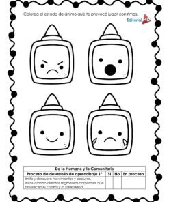 Cuatro frascos de pegamento de dibujos animados muestran diferentes emociones, enmarcadas por un borde ondulado. El Cuadernillo de Trabajo Juguemos con Rimas Para Preescolar pide a los niños que coloreen la emoción que sienten al jugar con rimas.