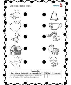 La hoja de trabajo Planeación Juguemos con Rimas para Preescolar tiene tres columnas: dibujos de una abeja, una manzana, un pato, una casa y una mano a la izquierda; una campana, una taza, un pan, un pájaro y un gato a la derecha. Empareja los objetos que riman; se incluyen instrucciones y una lista de control.