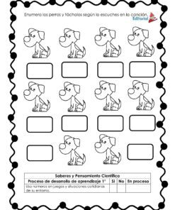 La hoja de ejercicios en blanco y negro de Planeación Juguemos con Rimas para Preescolar presenta diez perros con recuadros para escribir. Las instrucciones en español piden a los niños que numeren y tachen los perros siguiendo una canción. El borde ondulado decora la página.