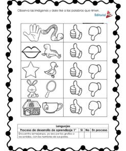El Cuadernillo de Trabajo Juguemos con Rimas Para Preescolar presenta filas con imágenes; los estudiantes marcan el pulgar arriba si las palabras correspondientes riman.