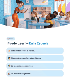 Una profesora lee a un grupo de jóvenes estudiantes sentados en pupitres en una colorida aula con paredes azules, grandes ventanas y adornos. Debajo de la imagen aparecen cuatro frases de comprensión lectora en español.