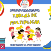 Colorido póster educativo con el título "Actividad para aprender tablas de multiplicar" para 3º a 6º de primaria. Incluye dibujos animados de niños jugando, símbolos matemáticos, una pieza de puzzle y un monopatín, con un borde lúdico.