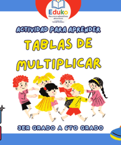 Colorido póster educativo con el título "Actividad para aprender tablas de multiplicar" para 3º a 6º de primaria. Incluye dibujos animados de niños jugando, símbolos matemáticos, una pieza de puzzle y un monopatín, con un borde lúdico.