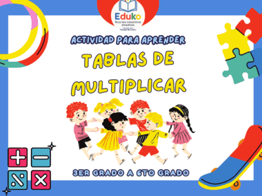 Colorido póster educativo con el título "Actividad para aprender tablas de multiplicar" para 3º a 6º de primaria. Incluye dibujos animados de niños jugando, símbolos matemáticos, una pieza de puzzle y un monopatín, con un borde lúdico.