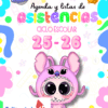 Colorida portada de un cuaderno de asistencia escolar para 2025-2026, con un simpático niño de dibujos animados con un disfraz de animal rosa, motivos lúdicos, una abeja, un ovni y el logotipo de "Editorial MD" en la parte inferior izquierda.