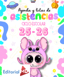 Colorida portada de un cuaderno de asistencia escolar para 2025-2026, con un simpático niño de dibujos animados con un disfraz de animal rosa, motivos lúdicos, una abeja, un ovni y el logotipo de "Editorial MD" en la parte inferior izquierda.