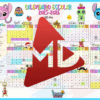 Colorido calendario escolar 2025-2026 en español con personajes de dibujos animados, cuadrículas mensuales y días festivos resaltados. En el centro de la imagen se superpone un gran botón rojo de reproducción.
