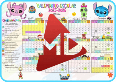 Colorido calendario escolar 2025-2026 en español con personajes de dibujos animados, cuadrículas mensuales y días festivos resaltados. En el centro de la imagen se superpone un gran botón rojo de reproducción.