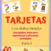 Portada de un recurso educativo titulado "Tarjetas con sílabas simples". Presenta tarjetas ilustradas de sílabas (ma, mi, la, le, po, pu) con imágenes y palabras en español, además de material escolar de colores en la parte inferior.